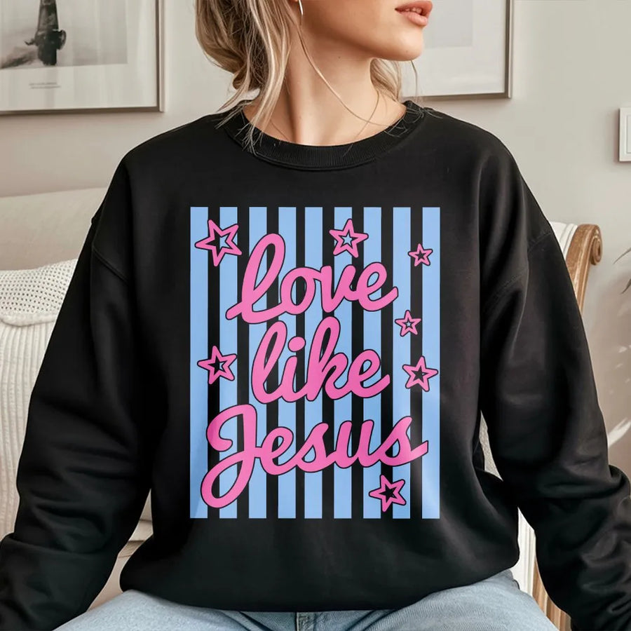 Love Like Jesus Sweatshirt | Retro Striped Christian Graphic | Cozy Cotton Blend Pullover | Faith Based Apparel Gift for Women