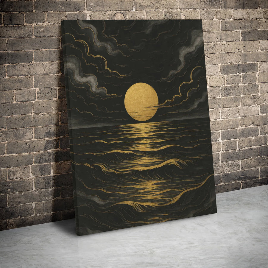 Gold Sun Canvas Wall Art | Dark Abstract Ocean Waves Decor | Premium Gallery Wrap Print | Modern Minimalist Living Room Decor