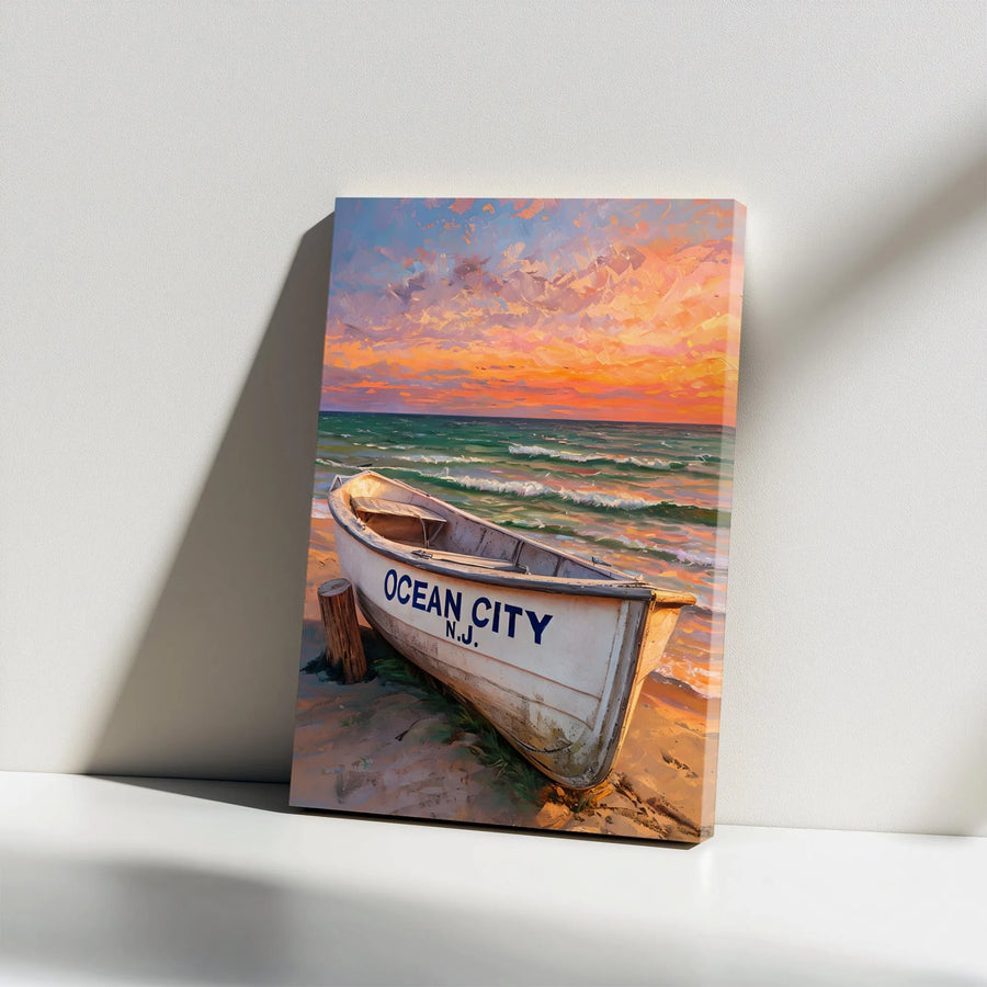 Ocean City NJ Beach Canvas | Coastal Sunset Rowboat Wall Art | Premium Gallery Wrap Decor | New Jersey Shore Souvenir Gift