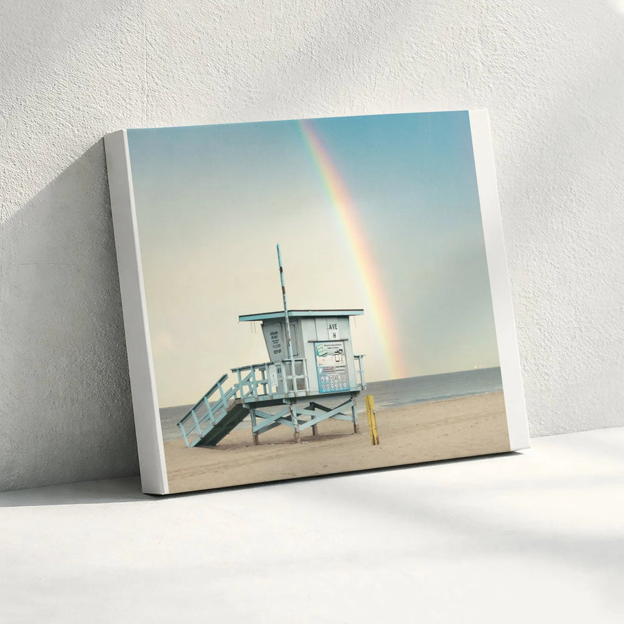 Beach Rainbow Wall Art | Vintage Lifeguard Tower Photography | Premium Framed Canvas | Coastal Home Decor Gift