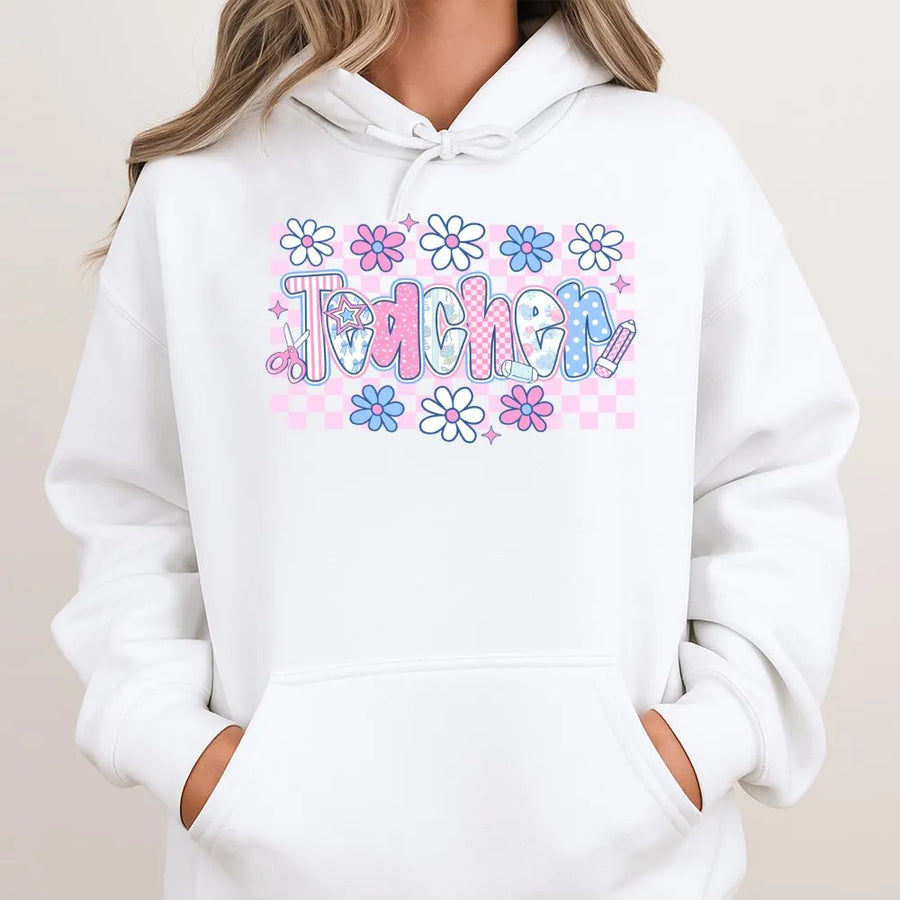 Teacher Hoodie | Preppy Floral Checkerboard Print | Premium Cotton Blend | Cute Back To School Gift For Her