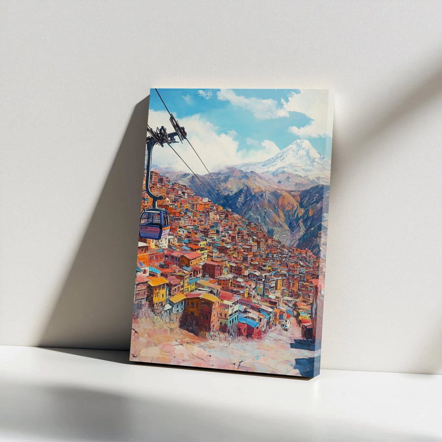 Andean Mountain City Canvas Print | Vibrant La Paz Bolivia Painting Style | Premium Gallery Wrap Canvas | Modern Home Decor Gift for Traveler