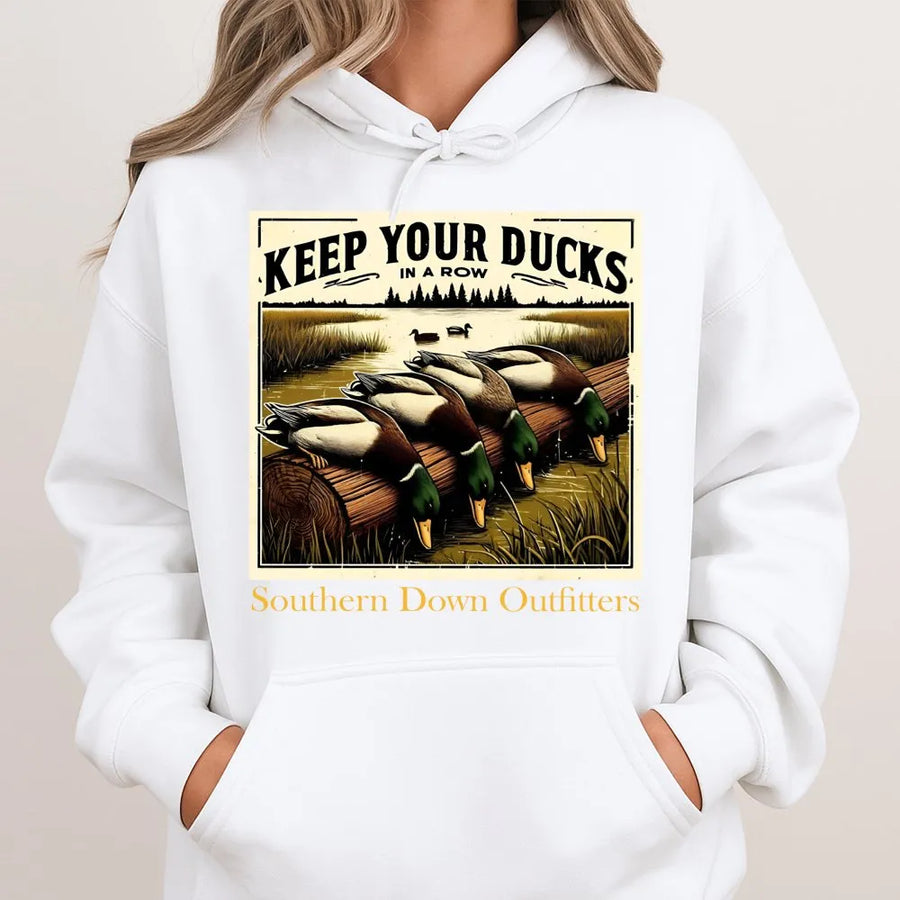 Duck Hunting Hoodie | Keep Your Ducks In A Row Wildlife Graphic | Premium Cotton Blend | Gift For Outdoorsman And Nature Lover