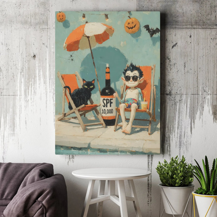 Funny Halloween Vampire Beach Vertical Canvas | Spooky Black Cat & SPF 10000 Painting | Premium 1.25" Gallery Wrap Canvas Print | Quirky Gothic Home Decor Gift