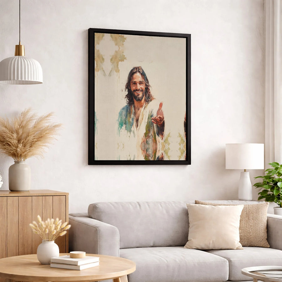 Smiling Jesus Wall Art | Watercolor Portrait Reaching Hand | Gallery Quality Canvas Print | Religious Home Decor Gift