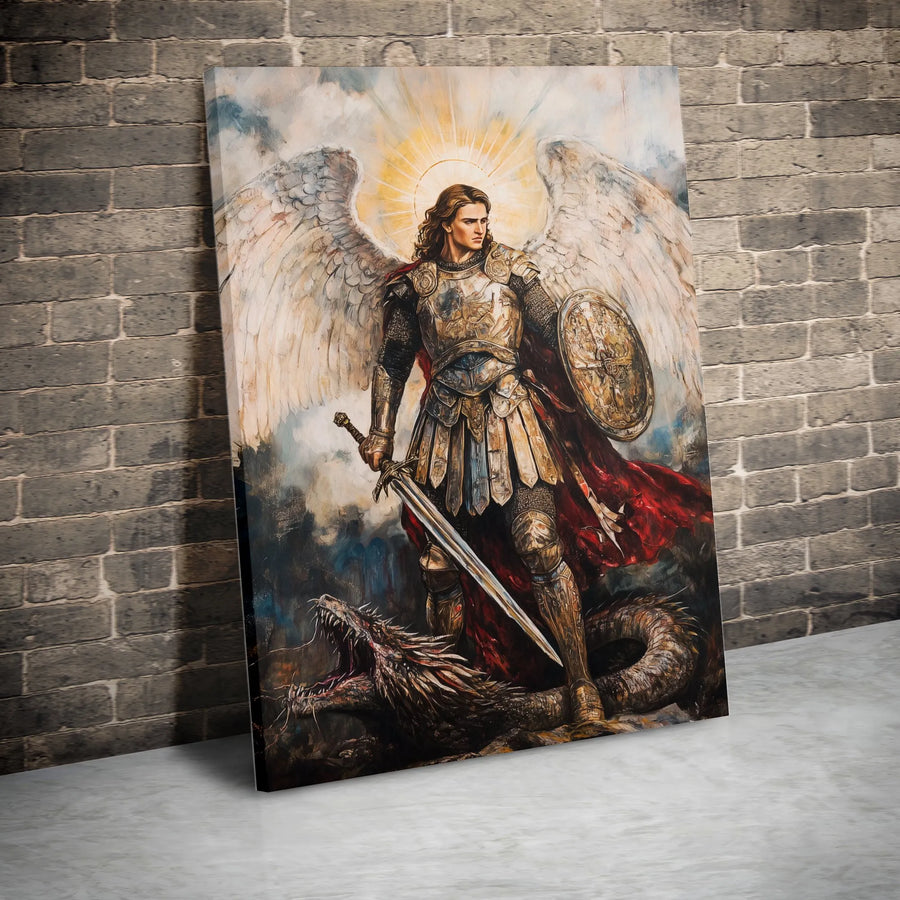 Saint Michael The Archangel Canvas Wall Art | Warrior Angel Slaying Dragon Print | Premium Gallery-Wrapped 1.25" Profile | Religious Home Decor Gift