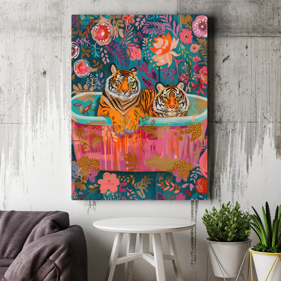 Tiger Canvas Wall Art | Colorful Floral Bathtub Painting | Premium Fade-Resistant Print | Quirky Animal Decor for Home Office
