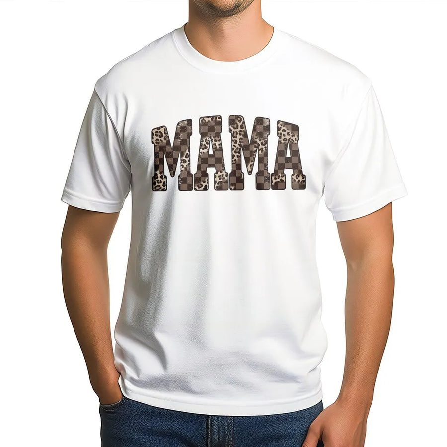 Mama Graphic T-Shirt | Leopard Print Checkered Letters | 100% Soft Cotton Tee | Trendy Mother's Day 2026 Gift for Mom