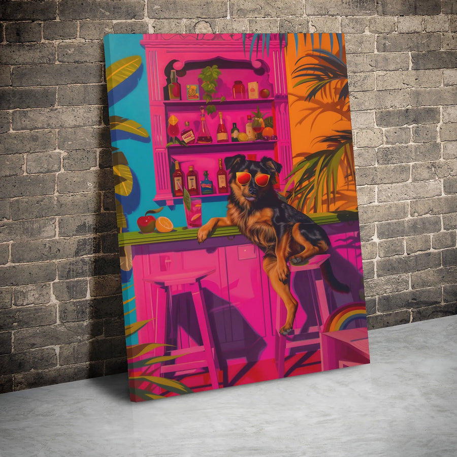 Tropical Cocktail Bar Dog Wall Art | Funky Sunset Pink Aesthetic Decor | Premium Gallery Wrap Canvas | Unique Gift for Dog Lovers & Bar Decor