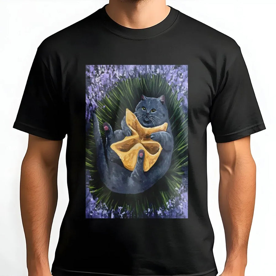 Crab Rangoon Cat T-Shirt | Funny Grey Kitty Eating Appetizer | Premium Cotton Graphic Tee | Unique Foodie Animal Lover Gift