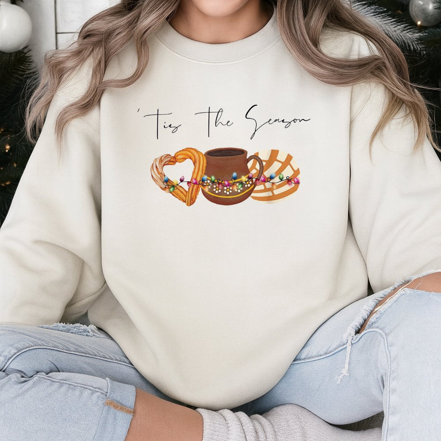 Tis The Season Mexican Christmas Sweatshirt | Churro Concha Hot Chocolate Graphic | Premium Cotton Blend | Holiday Gift For Her Mexican Foodie