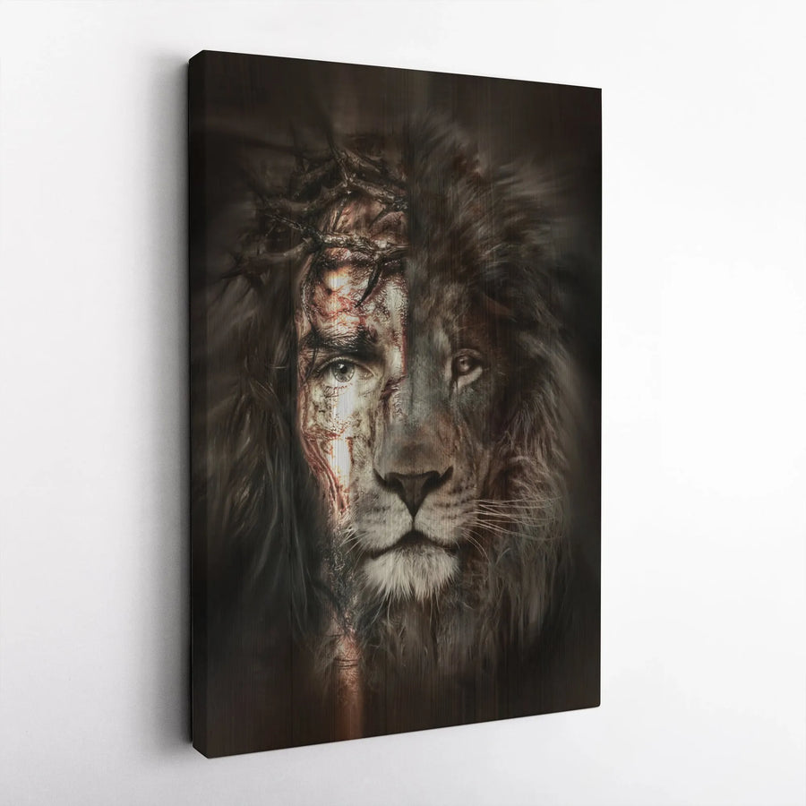 Jesus and Lion of Judah Canvas | Split Face Crown of Thorns Art | Premium Gallery Wrap Wall Decor | Religious Christian Gift for Home Office