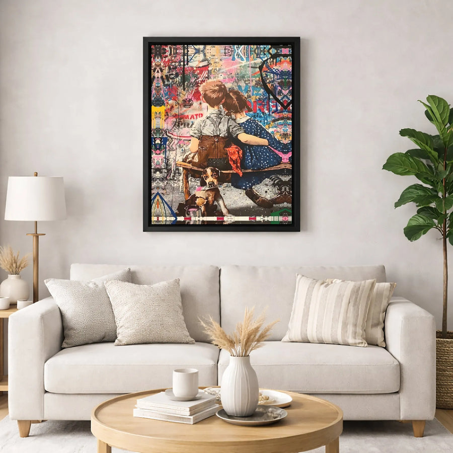 Graffiti Street Art Canvas | Boy Girl Embracing with Dog Print | Gallery-Quality 1.25" Profile | Modern Urban Home Decor Gift