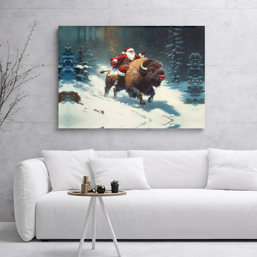 Santa Riding Bison Canvas Wall Art | Whimsical Snowy Forest Christmas Decor | 1.25 Inch Premium Gallery Wrap | Unique Holiday Gift for Wildlife Lovers