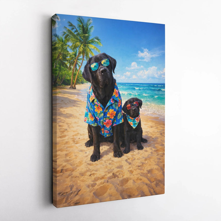 Funny Black Lab Canvas Print | Dog and Puppy in Hawaiian Shirts | Premium Gallery Wrapped Canvas | Gift for Labrador Owner, Beach House Decor