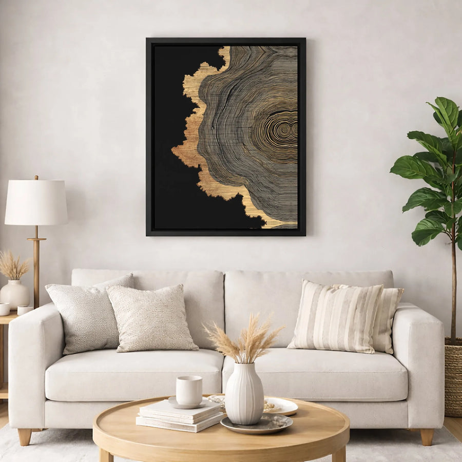 Abstract Gold And Black Tree Ring Canvas Art | Modern Wood Grain Wall Decor | Premium Fade-Resistant Print | Luxury Interior Gift for Living Room