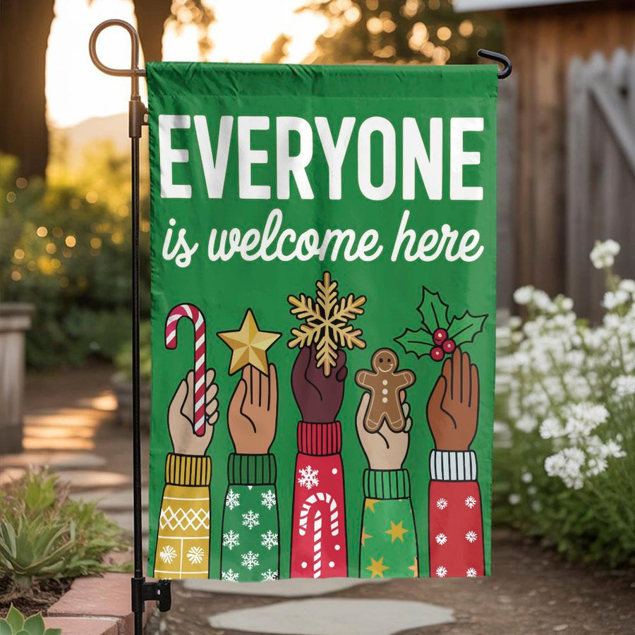 Everyone Is Welcome Here Christmas Garden Flag | Inclusive Holiday Yard Decor | Durable Weather-Resistant Polyester | Festive Seasonal Housewarming Gift