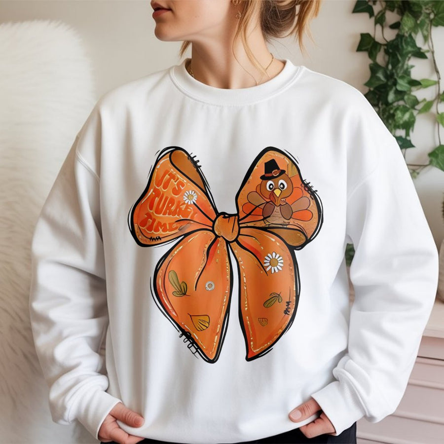 It's Turkey Time Thanksgiving Sweatshirt | Boho Bow Turkey Graphic Print | Soft Cotton-Blend Cozy Apparel | Cute Fall Holiday Gift for Women