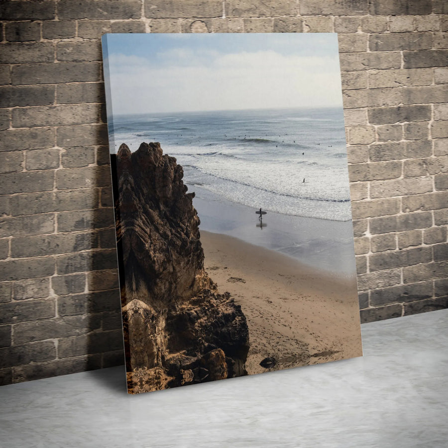 Surfer Beach Wall Art | Rocky Cliff Ocean Landscape Canvas | Premium Gallery-Wrap Print | Coastal Home Decor Gift for Ocean Lovers