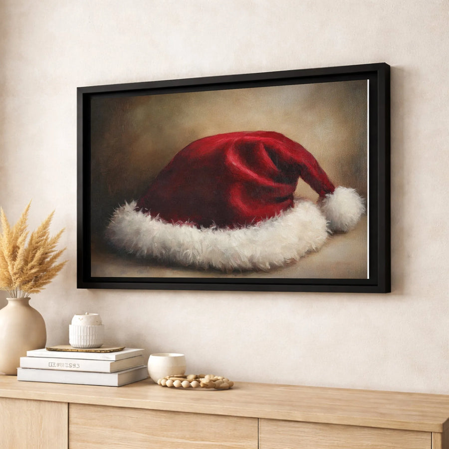 Santa Hat Oil Painting Wall Art | Rustic Vintage Christmas Decor | Premium Gallery Wrap Canvas | Holiday Home Gift For The Festive Season