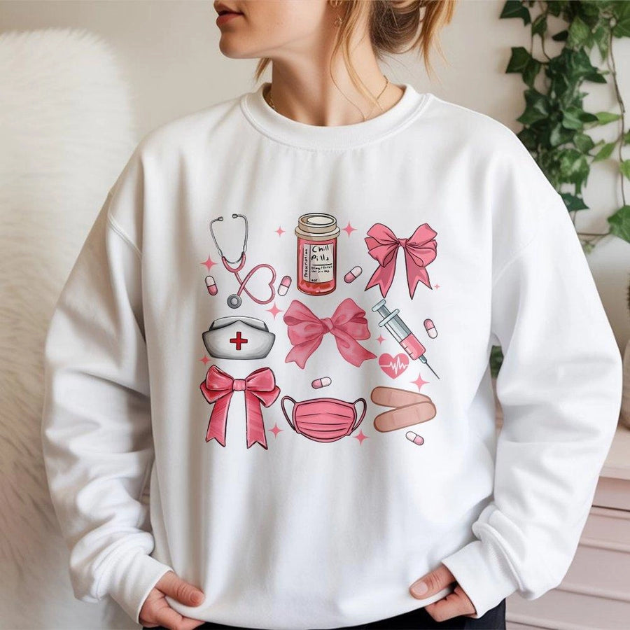 Coquette Nurse Sweatshirt | Pink Bow Medical Graphic Design | Cotton Blend Crewneck | Gift for Nurse RN CNA Student