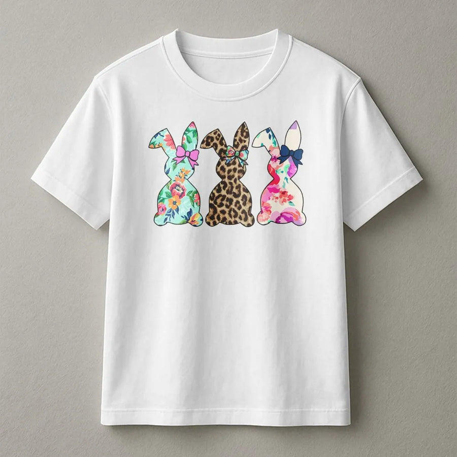 Easter Bunny T-Shirt | Floral Leopard Print Rabbit Graphic | Premium Soft Cotton Tee | Cute Spring Holiday Gift for Women and Kids