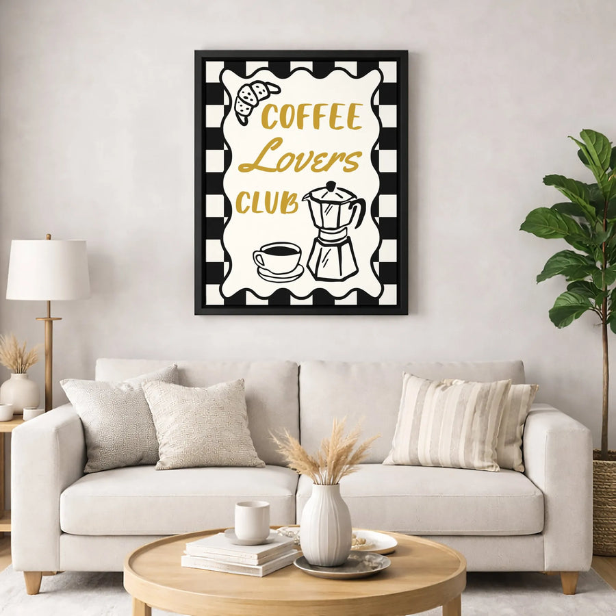Coffee Lovers Club Wall Art | Retro Checkered Moka Pot & Croissant Illustration | Premium Gallery Canvas | Kitchen & Coffee Bar Decor