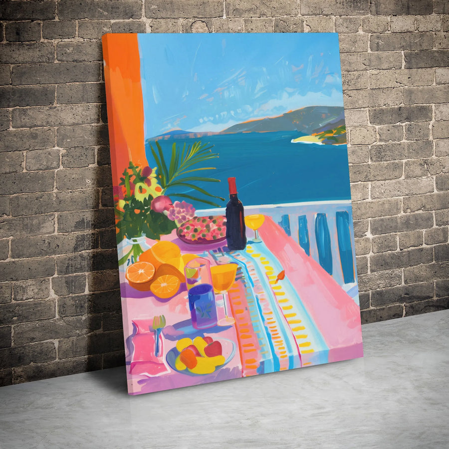 Mediterranean Seaside Canvas Art | Vibrant Coastal Wine and Fruit Still Life | Premium Gallery Wrap Print | Amalfi Coast Inspired Home Decor Gift