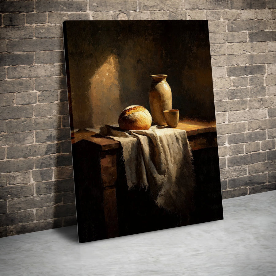 Eucharist Still Life Canvas Wall Art | Christian Bread and Wine Painting | Premium Gallery Wrapped Canvas | Spiritual Home Decor Gift