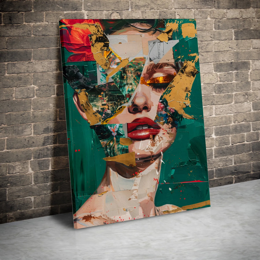 Abstract Woman Face Wall Art | Gold Leaf Collage Print | Premium Gallery Wrapped Canvas | Modern Home Decor Gift For Her