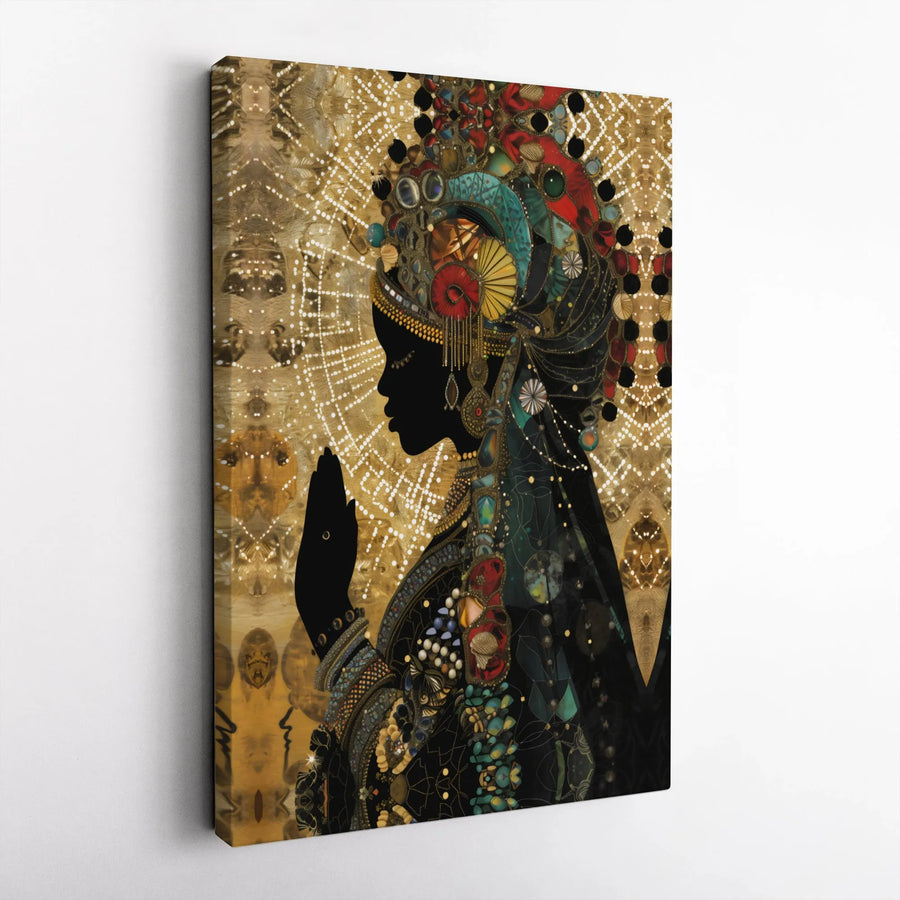 African American Wall Art | Praying Woman Silhouette with Golden Headdress | Premium Gallery Wrapped Canvas | Spiritual Home Decor Gift