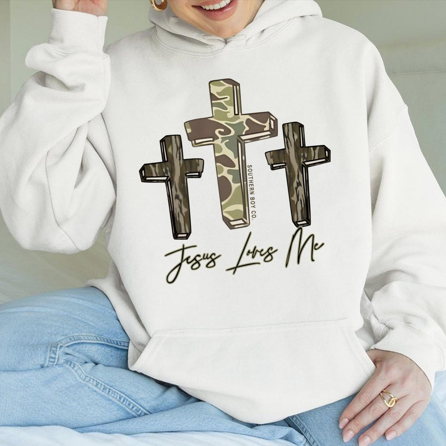 Jesus Loves Me Hoodie | Camo Three Cross Design | Premium Cotton Blend | Christian Faith Gift for Him or Her
