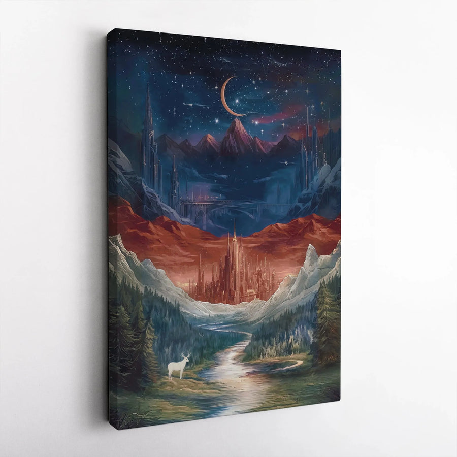 Fantasy Landscape Canvas Wall Art | White Stag Forest Moon Aesthetic | Premium Gallery-Wrap Decor | Gift For Fantasy Lover
