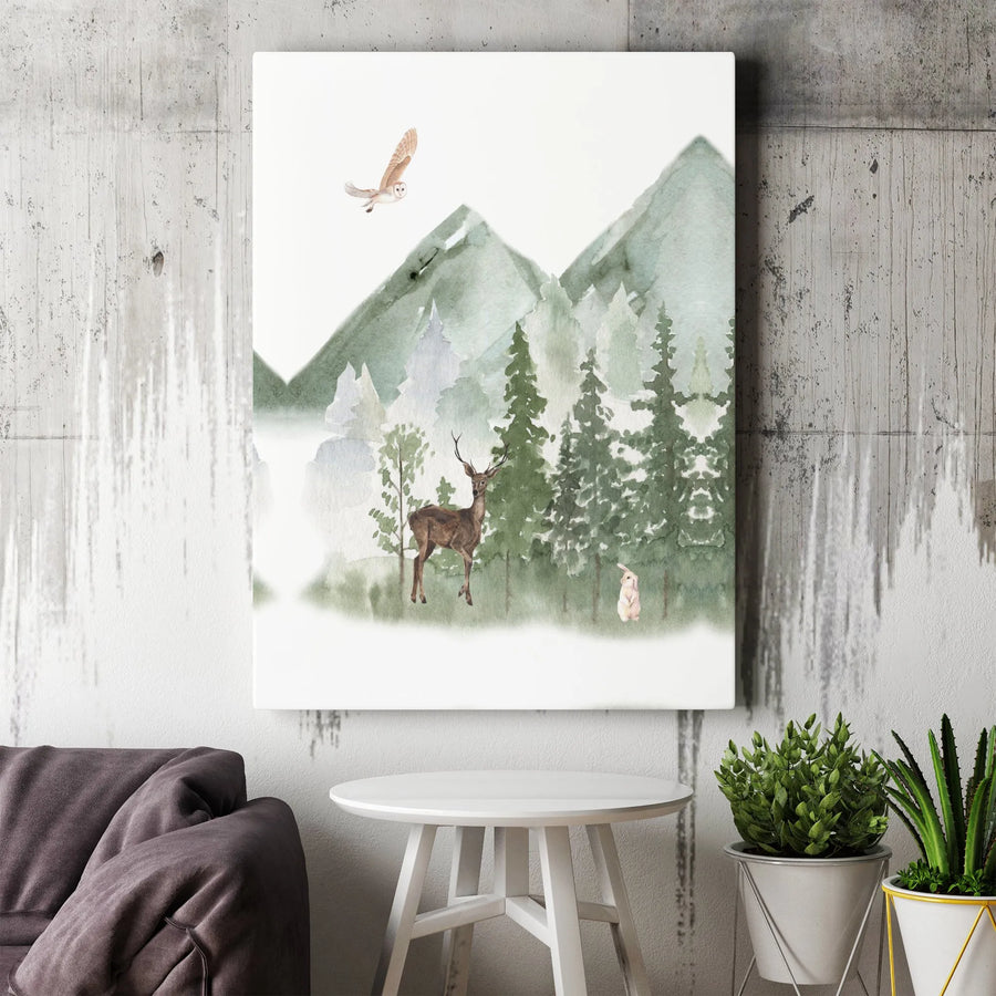 Watercolor Forest Mountain Canvas Print | Deer, Owl & Rabbit Wall Art | Premium Gallery Wrapped Decor | Nature Lover Gift for Home Nursery