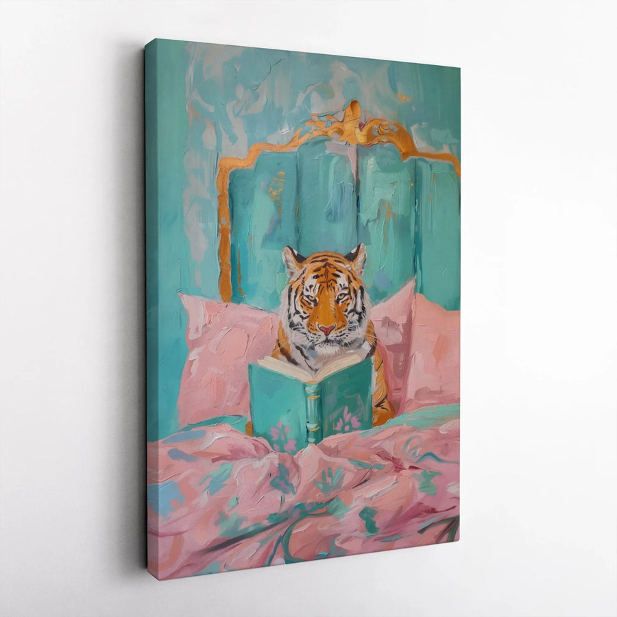 Tiger Reading Book Canvas Art | Whimsical Animal Oil Painting Style | Premium 1.25" Gallery Profile | Unique Home Decor Gift for Book Lovers