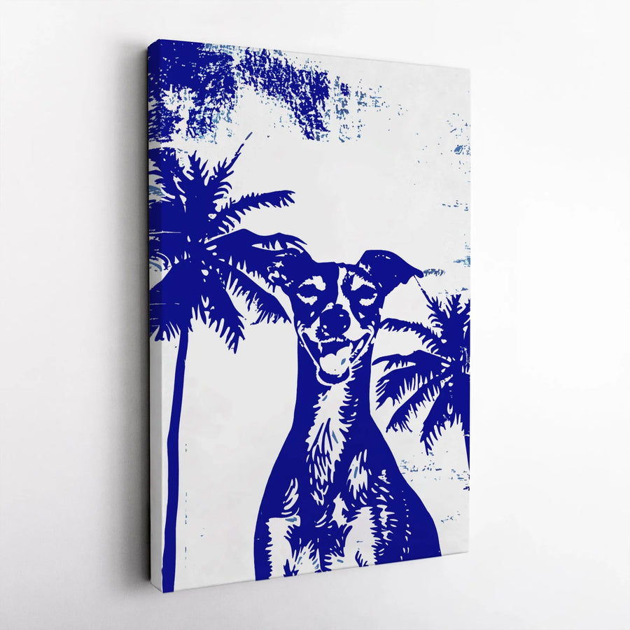 Dog Wall Art Canvas | Tropical Palm Tree Blue Coastal Decor | Gallery Wrap Premium Print | Beach House Modern Home Gift