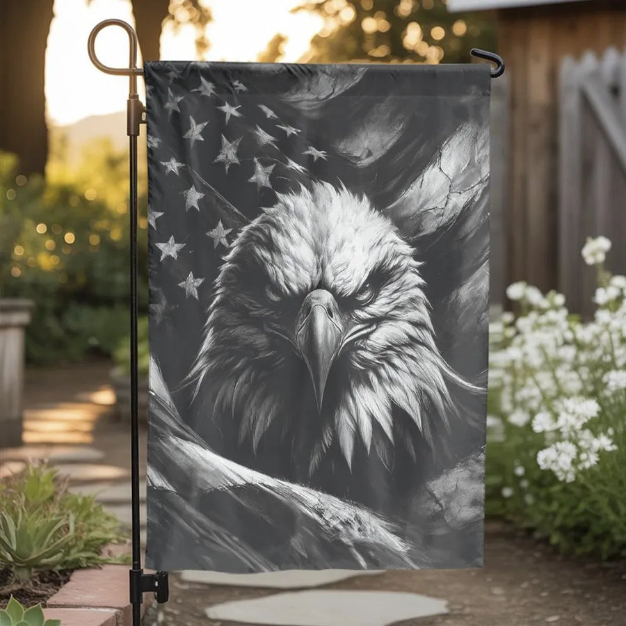 American Flag Eagle Garden Flag | Monochrome Bald Eagle Patriotic Art | Double-Sided Weatherproof 2-Layer Polyester | Memorial Day Veteran Gift Yard Decor