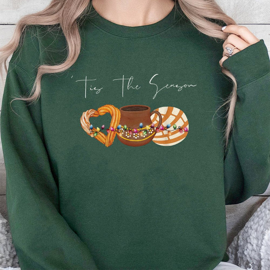 Tis The Season Mexican Christmas Sweatshirt | Churro Concha Hot Chocolate Graphic | Premium Cotton Blend | Holiday Gift For Her Mexican Foodie