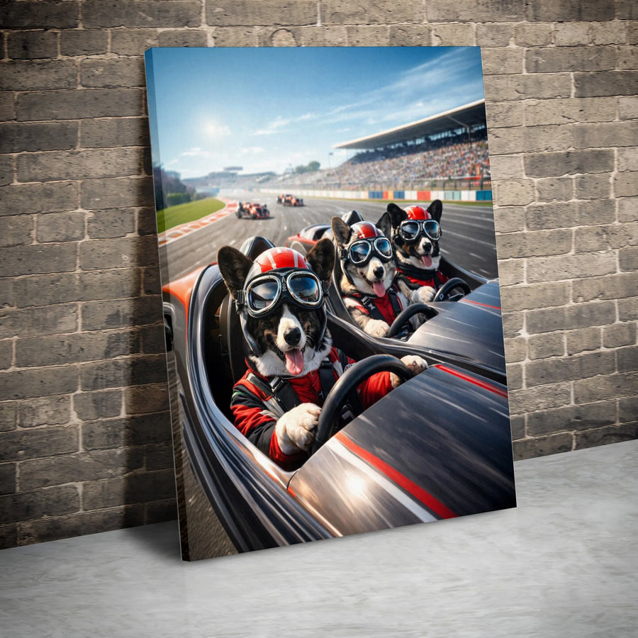 Corgi Racing Canvas Print | Funny Dog Race Car Drivers Wall Art | Premium Gallery Quality Canvas | Unique Gift for Corgi Lover and Man Cave Decor
