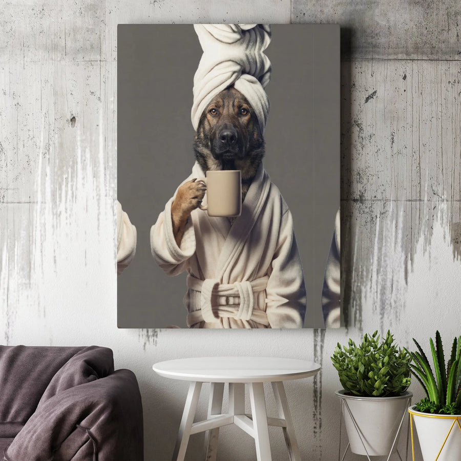 German Shepherd Canvas Wall Art | Funny Dog in Bathrobe Drinking Coffee | Premium Gallery Wrapped Canvas | Unique Gift for German Shepherd Owner