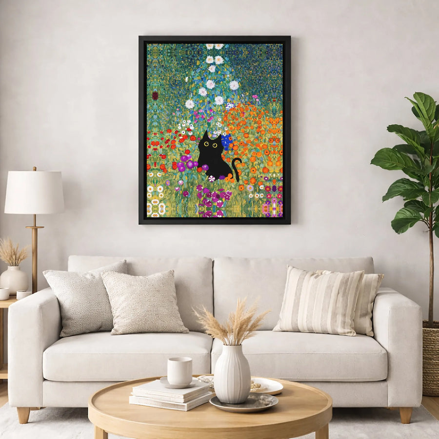 Black Cat Canvas Print | Gustav Klimt Inspired Flower Garden Art | Premium Fade-Resistant Wall Decor | Unique Gift For Cat Lovers