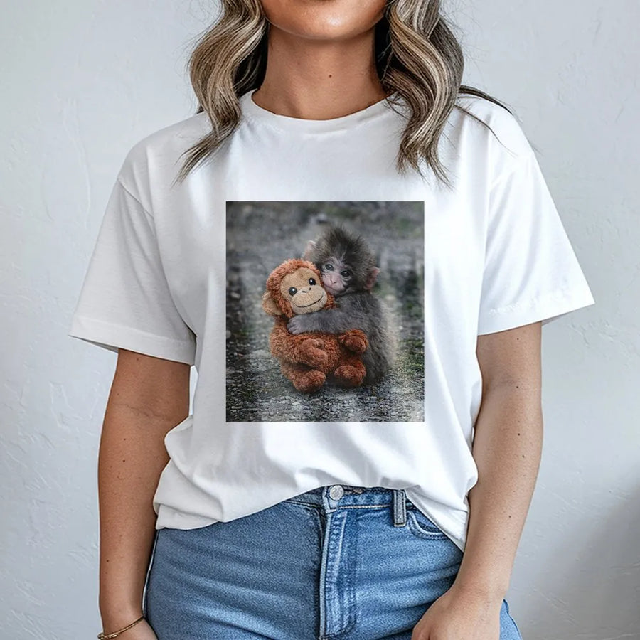 Baby Monkey Graphic T-Shirt | Cute Animal Hug Design | 100% Cotton Premium Tee | Wildlife Gift for Animal Lovers and Kids