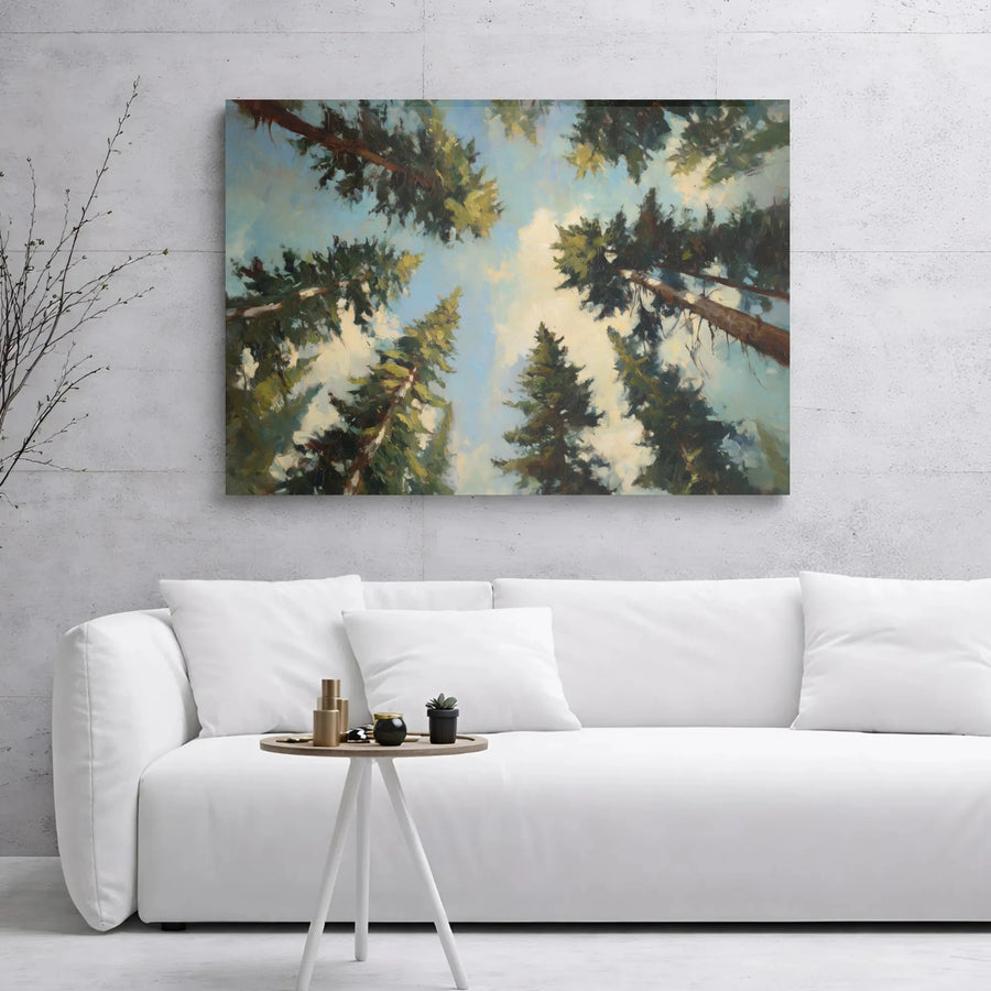Forest Canopy Canvas Wall Art | Upward View Pine Tree Oil Painting Style | 1.25 Inch Gallery Wrap | Nature Lover Home Office Decor Gift