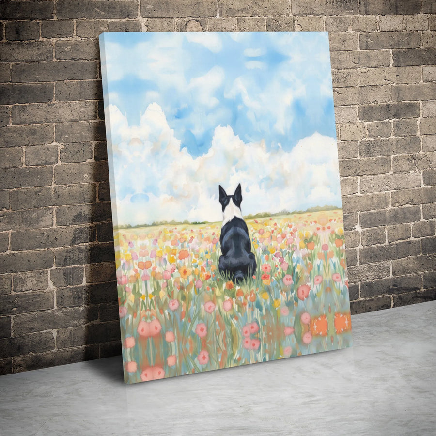 Boston Terrier Canvas Wall Art | Watercolor Wildflower Meadow Painting | Premium Gallery Wrapped Decor | Dog Lover Gift for Home Office