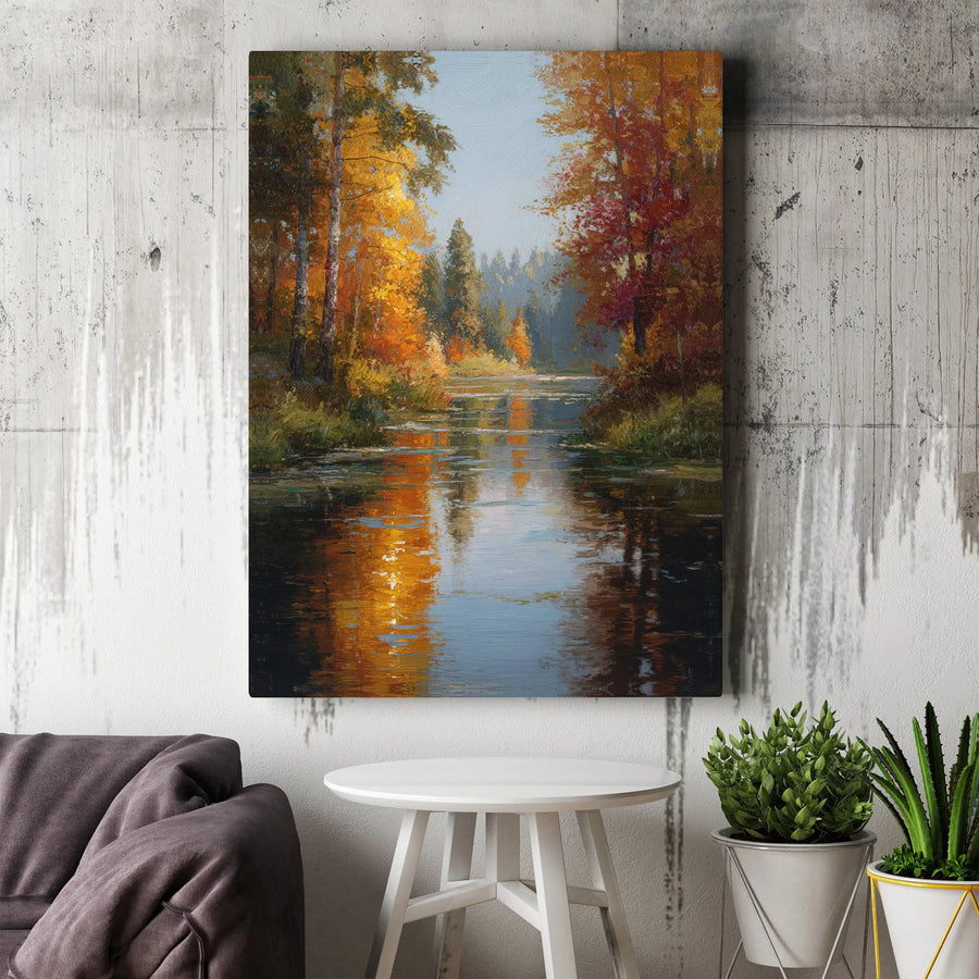 Autumn Forest Canvas Print | Impressionist River Landscape Painting | Premium Gallery Wrapped Art | Rustic Home Decor Gift