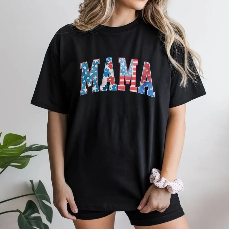 American Mama T-Shirt Sweatshirt | Retro USA Flag Lettering | Premium Cotton-Blend Pullover | Patriotic 4th of July Gift for Mom
