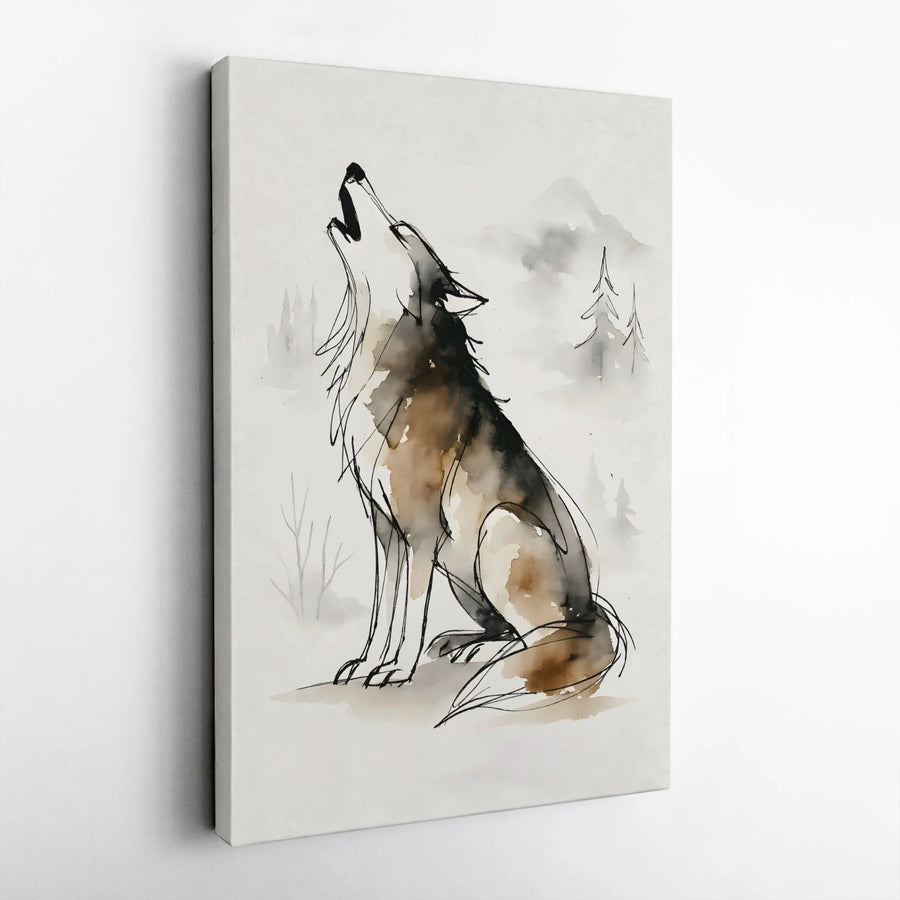 Howling Wolf Canvas Wall Art | Minimalist Watercolor Ink Sketch | Premium Gallery Wrap Print | Nature Inspired Rustic Home Decor Gift