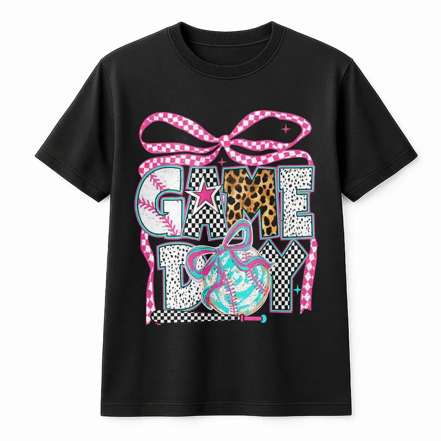 Game Day Baseball T-Shirt | Trendy Coquette Graphic with Leopard & Checkered Print | Soft Cotton Blend | Gift for Baseball Mom & Sports Fans