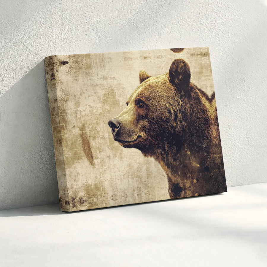 Grizzly Bear Canvas Wall Art | Rustic Wildlife Portrait Print | Premium Gallery Wrapped Canvas | Cabin Decor Gift for Nature Lovers