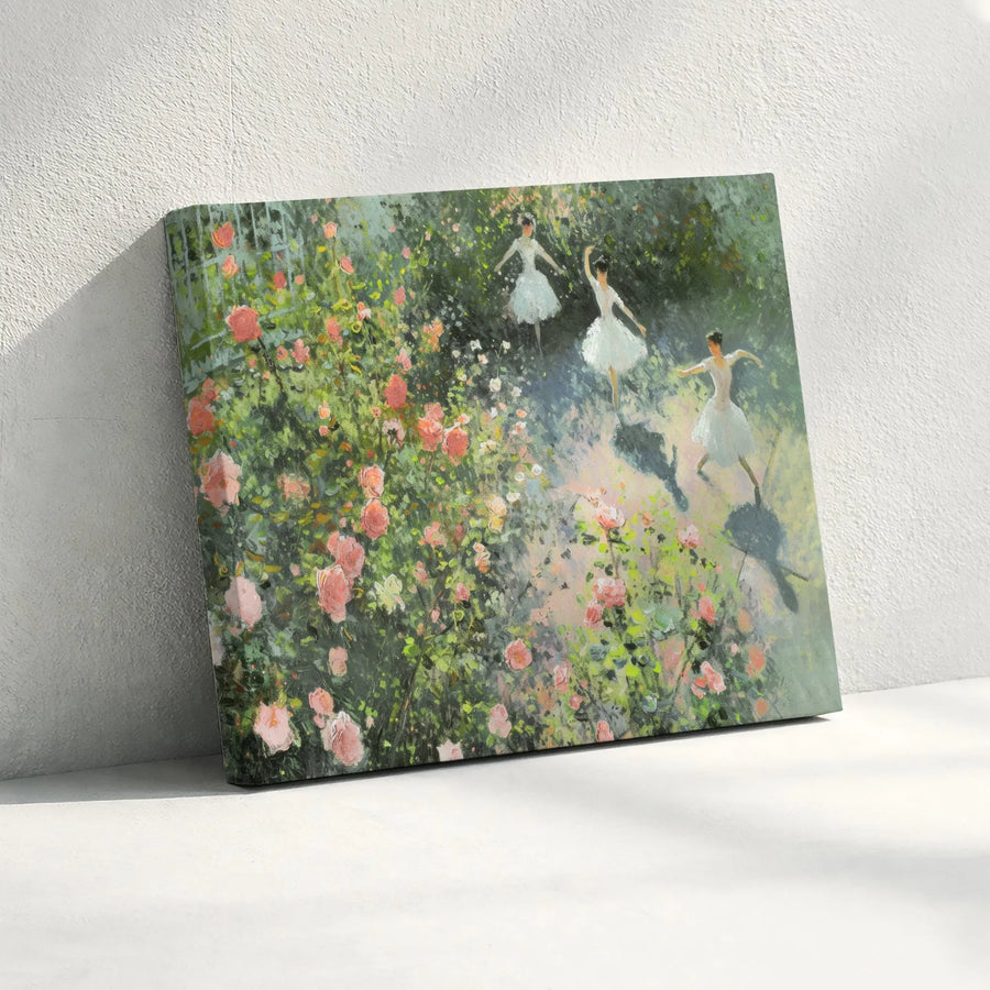 Ballerina Canvas Wall Art | Impressionist Dancers in Rose Garden Painting | Premium Gallery-Wrapped Print | Romantic Home Decor Gift for Dancers